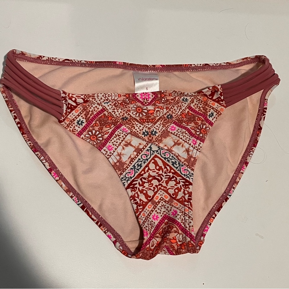 Xhilaration Pink and Red Satin Bikini Bottoms with Geometric Pattern